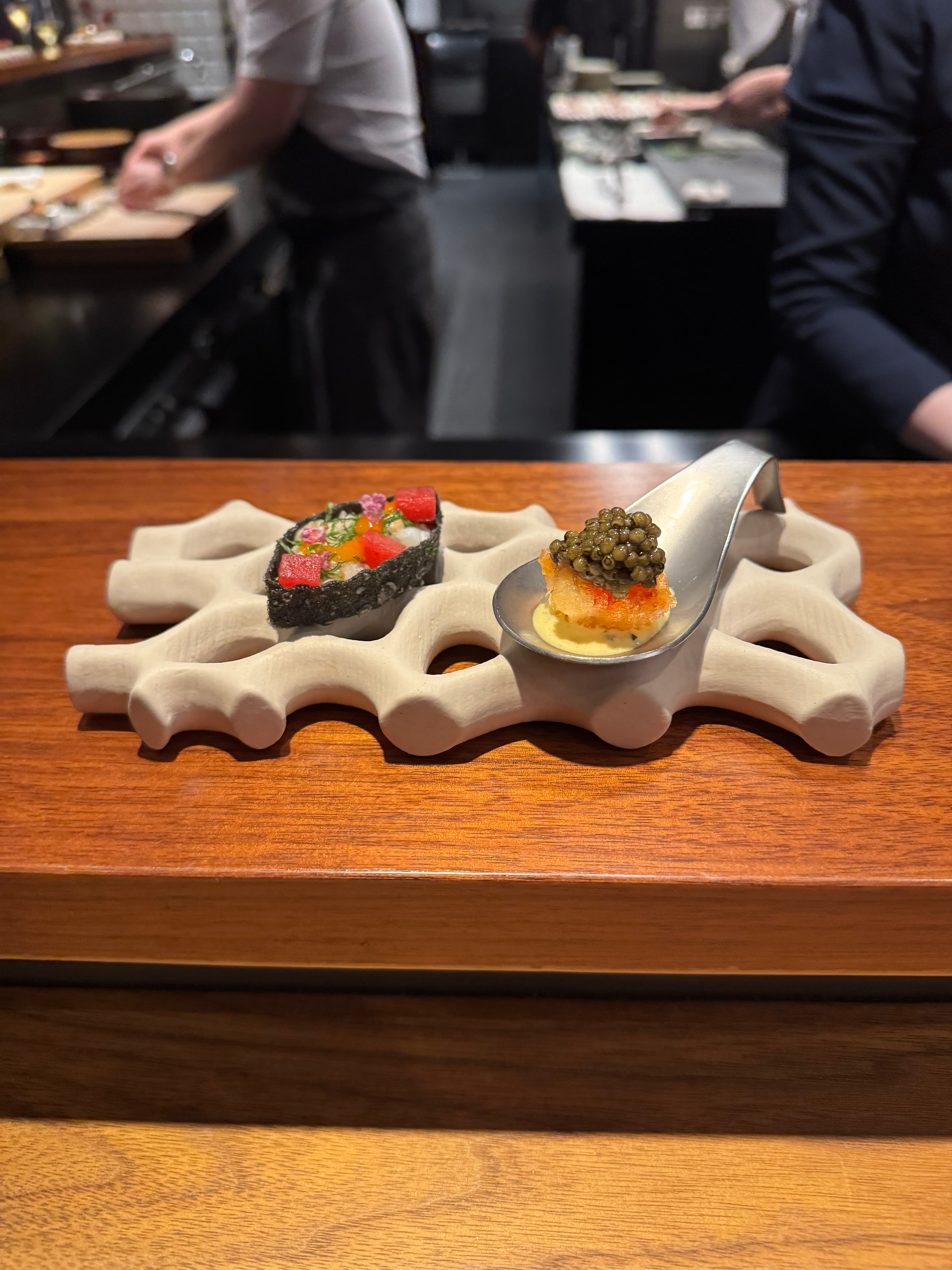 Caviar-topped appetizer served at Friends Only in San Francisco
